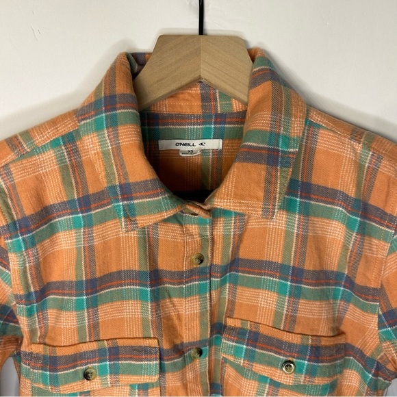 *NWT* O’Neill Nash Flannel Standard Fit Shirt, Sz XS, Peach/Orange, Green, Plaid - Picture 3 of 11